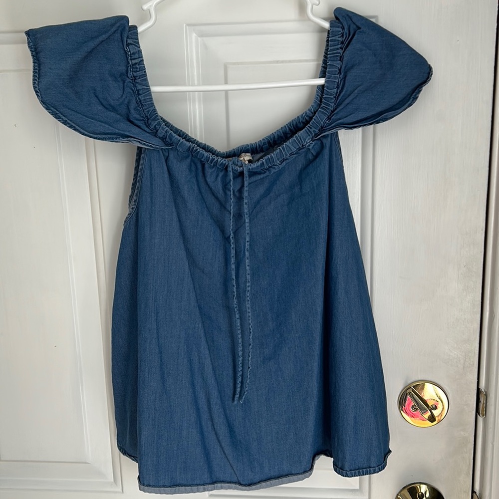 JCrew factory off the shoulder chambray/denim shirt